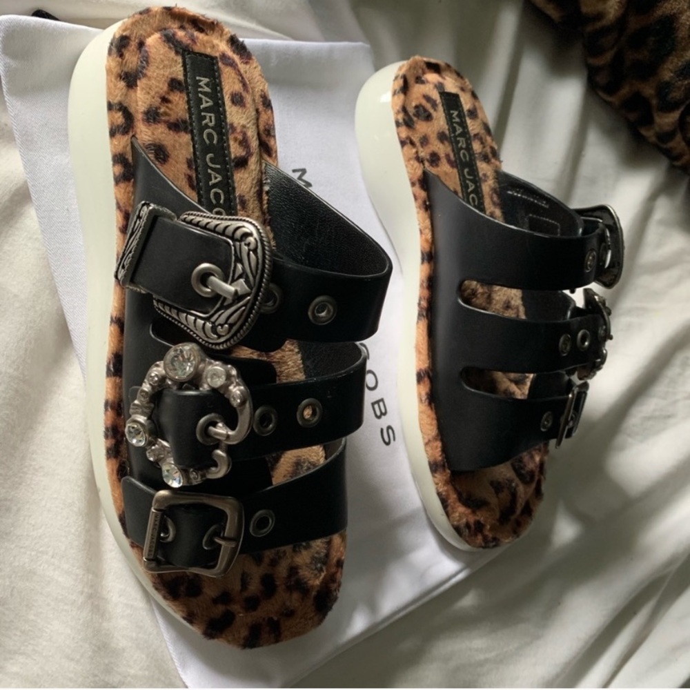Marc Jacob's Leopard Print Fur Buckle Slides